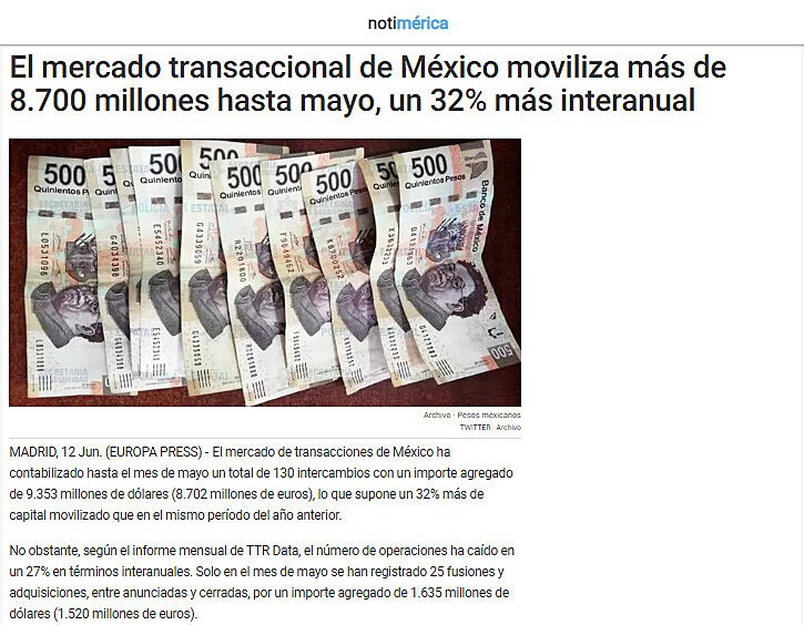 El mercado transaccional de Mxico moviliza ms de 8.700 millones hasta mayo, un 32% ms interanual
